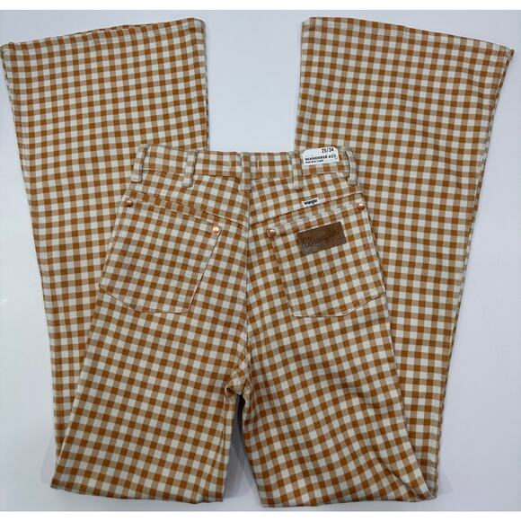 NWT Wrangler Wanderer High Rise Flare Pants 25/34 Brown Gingham Check - Picture 1 of 8